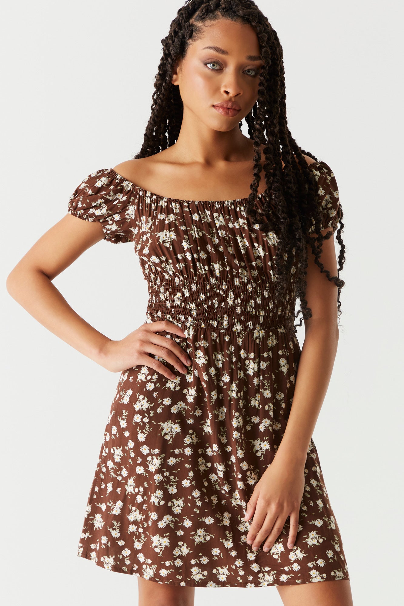 Brown Floral Smocked Milkmaid Mini ...